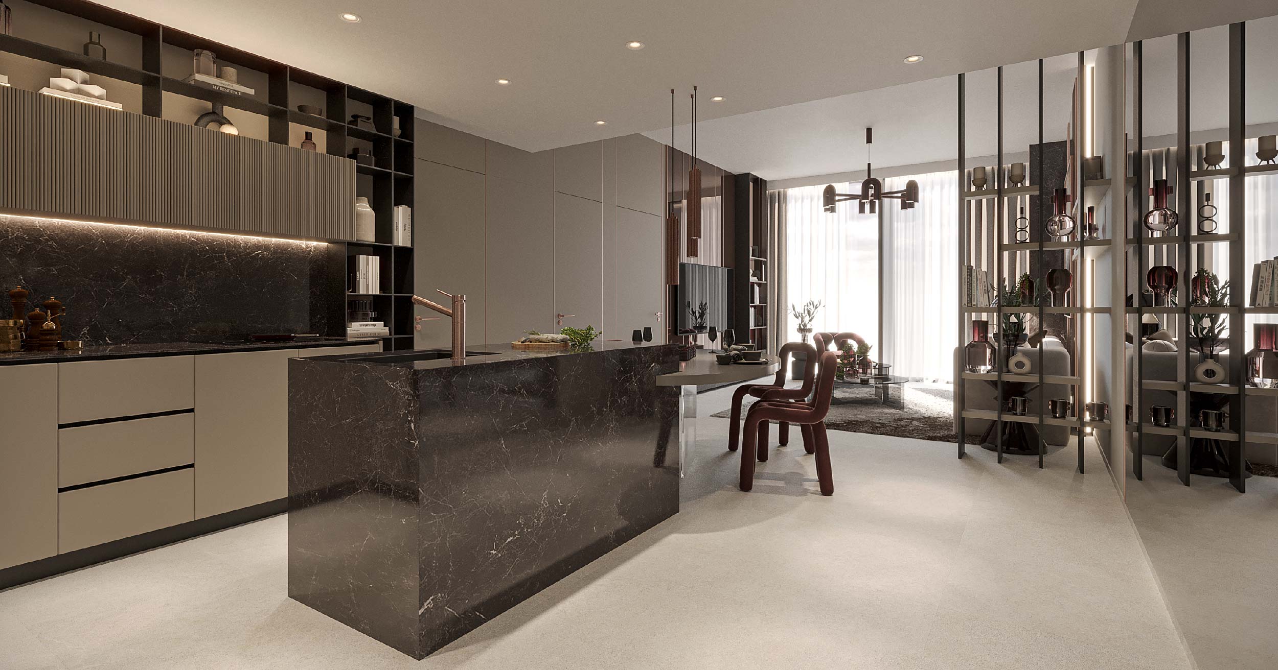 Hyde Walk By Imtiaz Modern kitchen featuring dark marble countertops, light cabinets, and stylish furniture in a bright, open space.